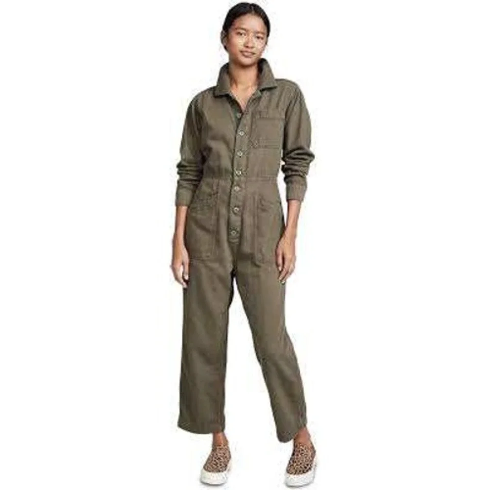 Free People Womens Green Go West Utility Cotton Jumpsuit SMALL Gorpcore Layer